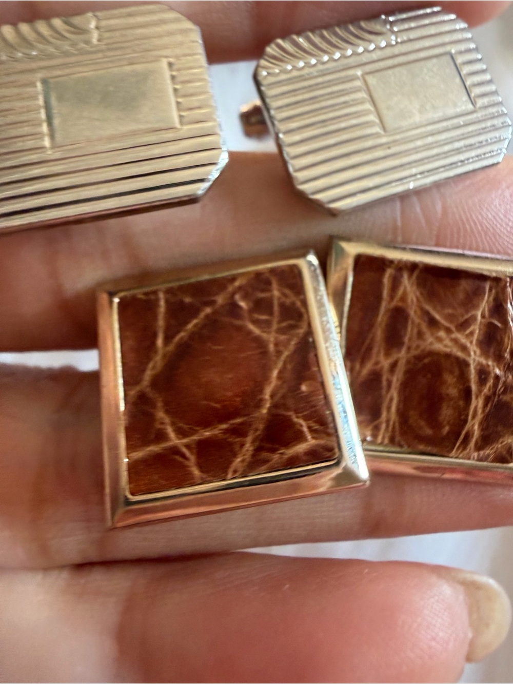 2 Pairs Brown Stone/Inlay & Art Deco Silver-Tone Men’s Cuff Links
